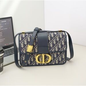 Dior Navy Blue and Beige Oblique Canvas Saddle Bag with Gold Hardware